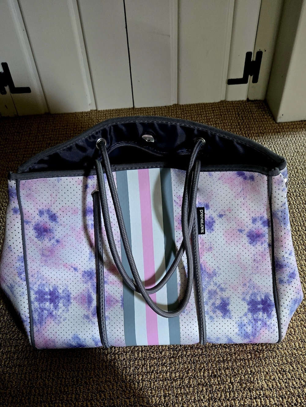 Playful Purple Tie-Dye Neoprene Tote with Stripe Accent